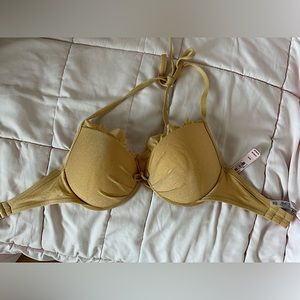 Victoria’s Secret swim push up halter bikini top 32DD shimmer gold ruffle